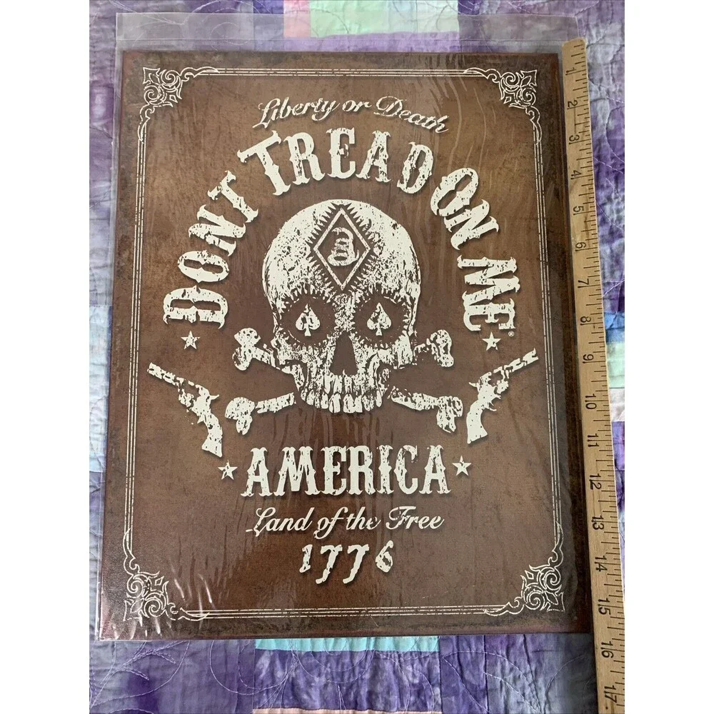 Dont Tread On Me America Skull Guns Tin Metal Sign Garage Liberty Death 12.5x16
